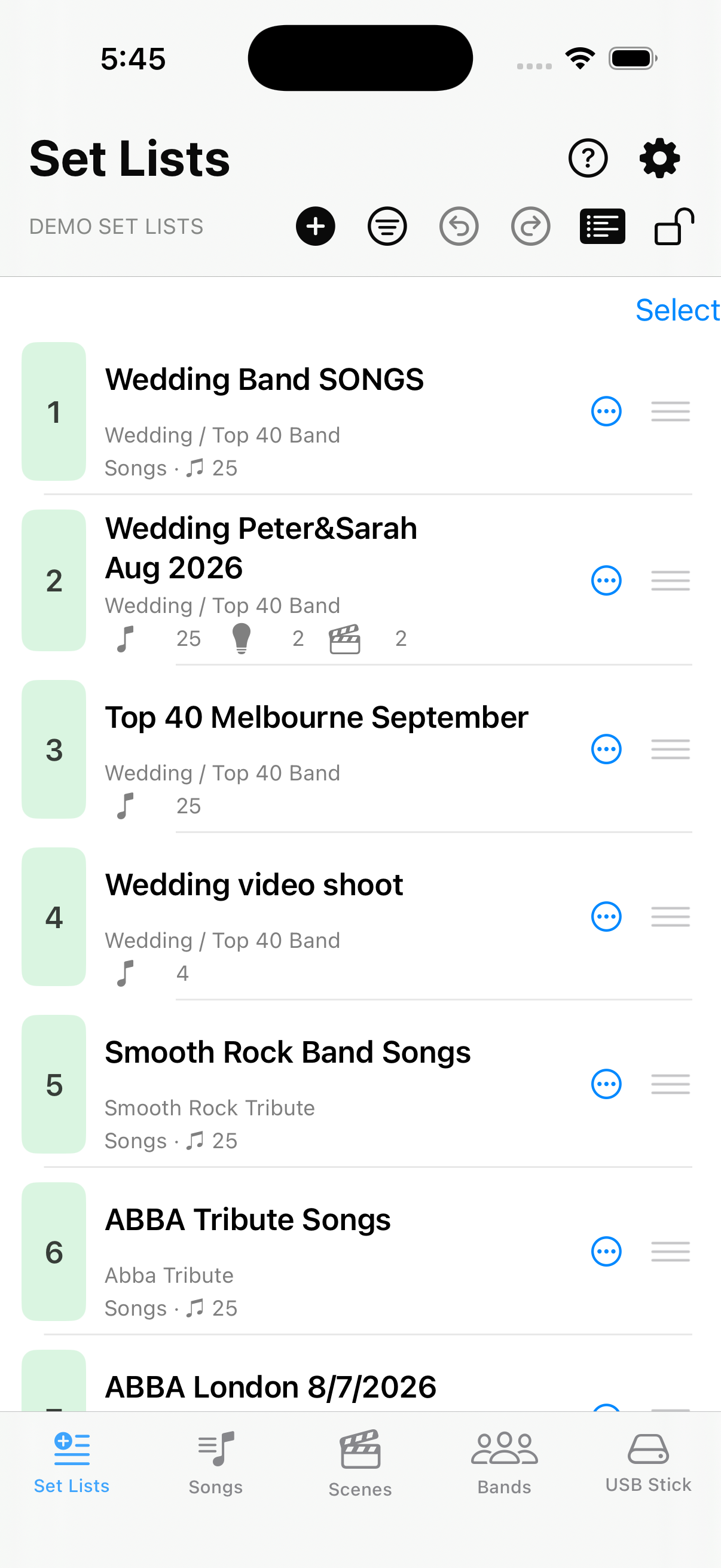 Set Lists toolbar