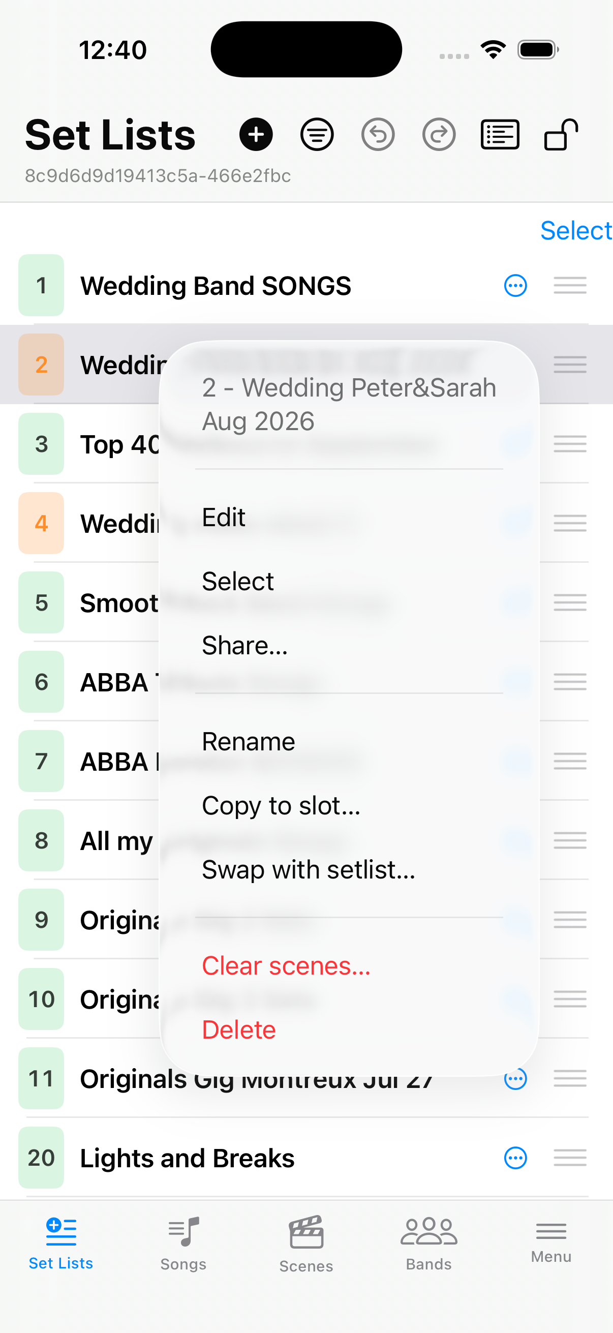 Set list context menu