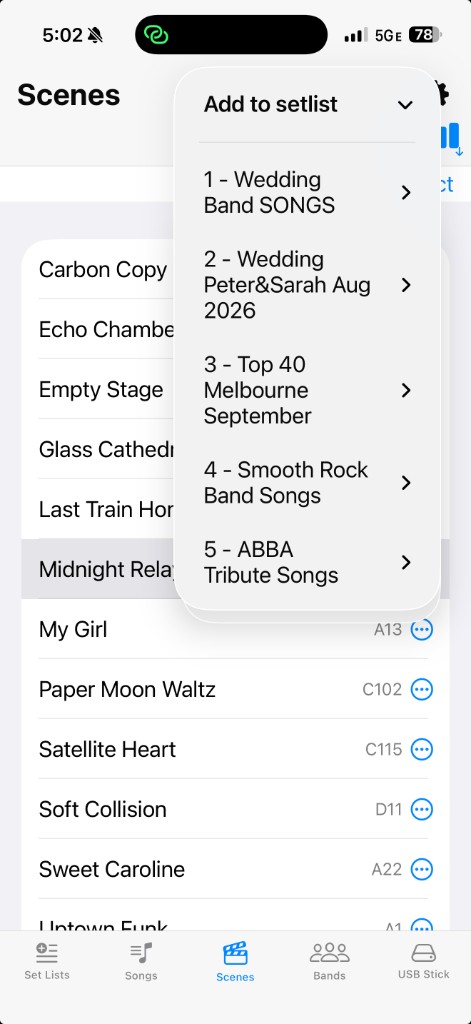 Add to setlist — choose set list