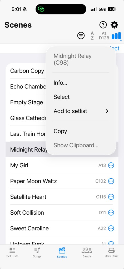 Scenes — context menu
